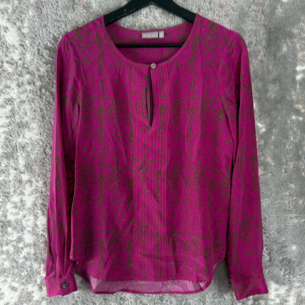 Ellie Kai Size 0/S Silk Abstract Keyhole Casual Top Purple Long Sleeve‎ Button